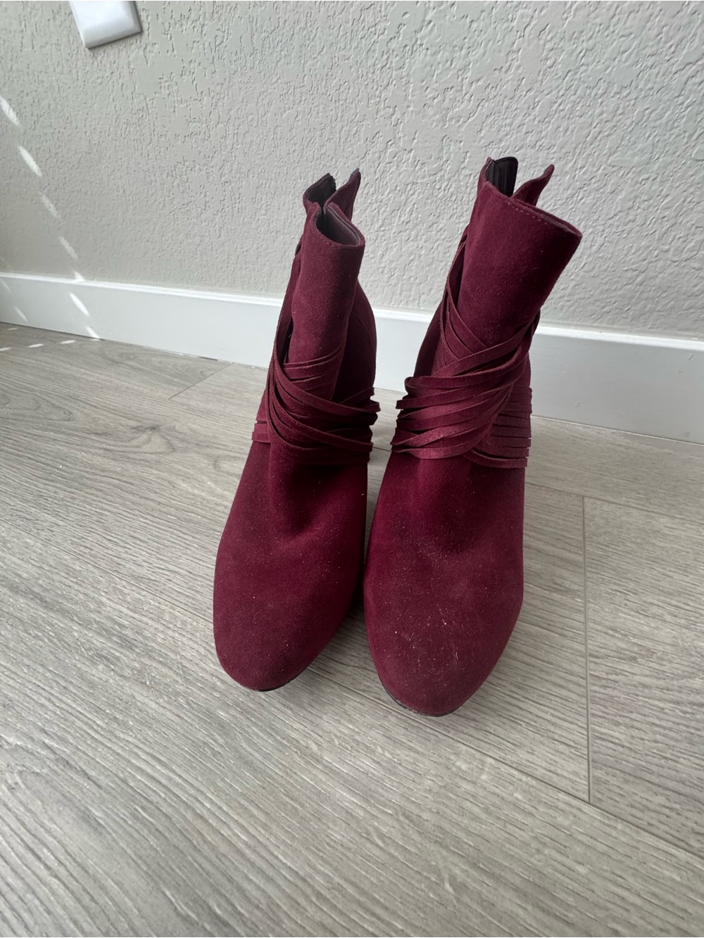 White House Black Market Burgundy Suede Ankle Booties with Wrap Detail